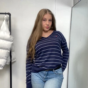 Ralph Lauren Womens Lightweight Jumper Size M Navy Striped V-Neck Linen Blend - Picture 1 of 5