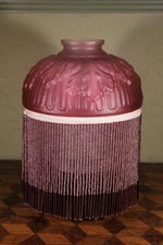 LOVELY FRENCH Vintage Art Deco Cranberry Pink Glass Beaded Fringed Light Shade