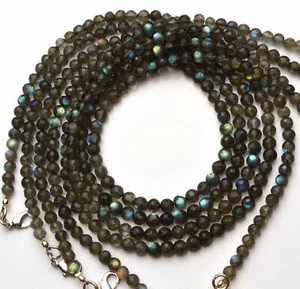 Natural Gem Blue Flashing Fire Labradorite 5MM Facet Round Bead Necklace 18" - Picture 1 of 1