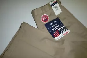 haggar mens stretch WEEKEND Pro relaxed fit pleated khaki dress pants sz: 34x34 - Picture 1 of 8