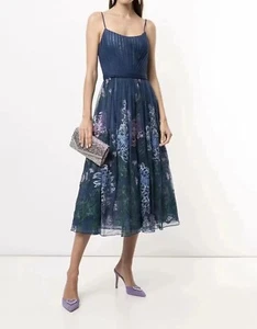 MARCHESA NOTTE Navy Blue Romantic Floral Dress UK12 NWT - Picture 1 of 19
