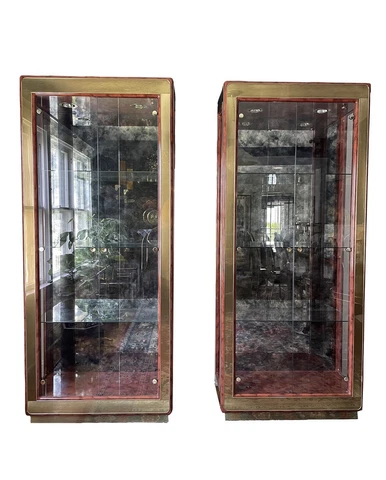 1970s Mastercraft Modern Tortoise Lacquered & Brass Curio Display China Cabinets Cover