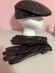 NEU Herren braun Patchwork Leder Zeitungsjunge Kappe Cabbie Efeu Mütze & gefütterte Handschuhe Set - Bild 1 von 10