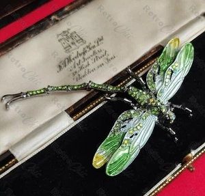 Vintage Art Nouveau Style Dragonfly Brooch Pin Enamel & Green Crystal Pendant - Picture 1 of 11