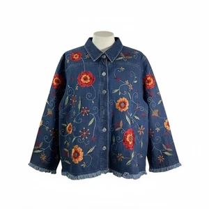 Chico's Damen blau Blumen bestickt Jeansjacke ausgefranster Saum Größe 16 - Bild 1 von 12