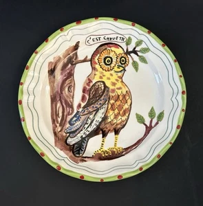 Anthropologie Nathalie Lete Green Owl 8" Salad Dessert Plate C'est Chouette - Picture 1 of 3