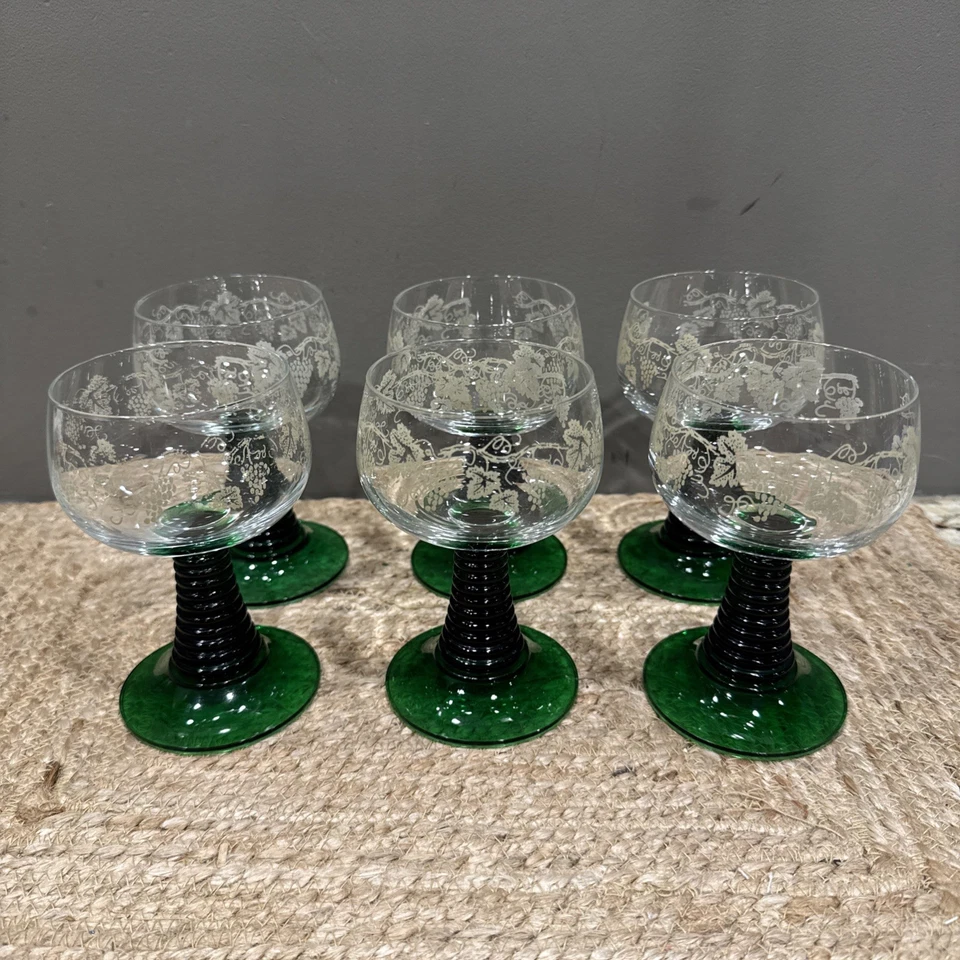 Juego de copas de vino grabadas vintage francés Luminarc verde esmeralda con tallo de colmena 6 MCM Foto 1 de 4