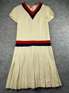 Vintage Pleated Scooter Dress Tennis V-Neck Cream Red Blue Drop Hem Waist - Picture 1 of 12