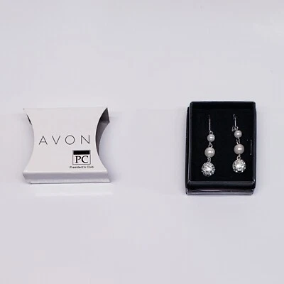 Avon President's Club Pearlesque Rhinestone Earrings Dangle Leverback Silvertone - Image 1 of 4