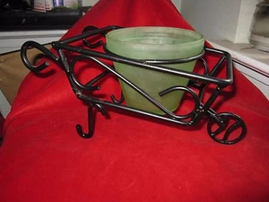 Black Metal Iron Wheel Barrel Plant Holder & Green Satin Glass Holder - Picture 1 of 11