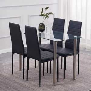47" Clear Tempered Glass Dining Table & 4pcs Black PU Leather Dining Chairs Set - Picture 1 of 10