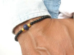 14 k gold black onyx blue sapphire gemstone bracelet diamond cut style men mans - Picture 1 of 3
