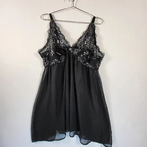 Cacique Lace Babydoll Chemise Lingerie Black Silver Thong Set 22/24 Metallic - Picture 1 of 8