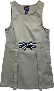 French Toast Khaki School Uniform Pleated Jumper Dress w/Striped Bow, Girls 6x - Picture 1 of 3
