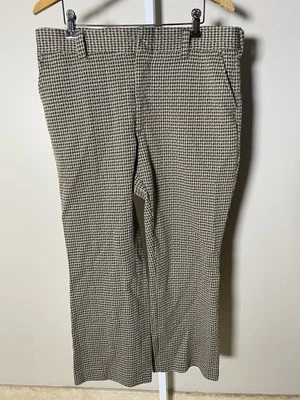 Vintage 70s Brown Green White Check Flared Pants W35 X L28 - Image 1 of 4
