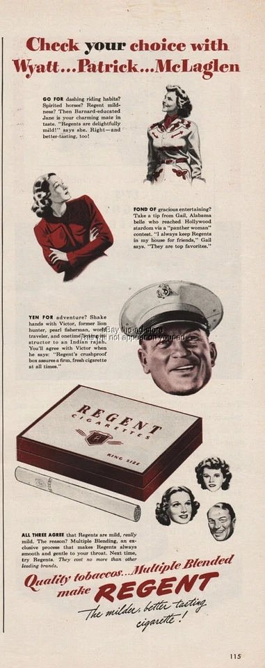 1944 Regent Cigarettes Jane Wyatt Gail Patrick Victor McLaglen anúncio de estrelas de cinema - Imagem 1 de 1