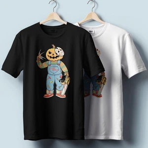 Halloween Kürbis Horror T-Shirt - Slasher Pumpkin Grafik | Unisex Heavy Cotton - Bild 1 von 4