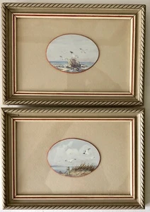 2 Nueva Inglaterra Cape Cod Gaviota Miniatura Mini Acuarela Pintura Artista Firmado - Imagen 1 de 9