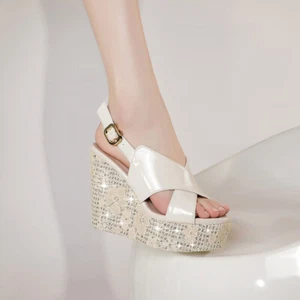 Womens Round Toe Slope Heel Leather Hollow Out Fashion Super High Heels Sandals - Imagen 1 de 16