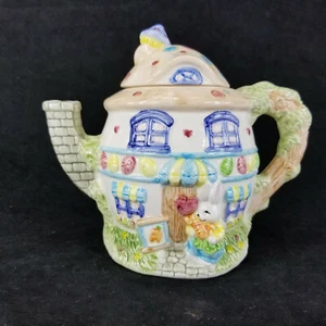 Porcelain Teapot Rabbit Bunny House Eggs Easter Spring Mushroom Polka Dot - Picture 1 of 7