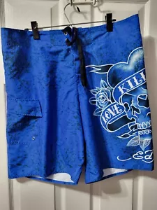 Ed Hardy Badehose Herren Blau Skull Love Kills Slowly Rose Boardshorts L - Bild 1 von 10