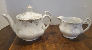 Antique Z S & Co. Bavaria ADA Teapot & Creamer White with Gold Floral Design  - Picture 1 of 24