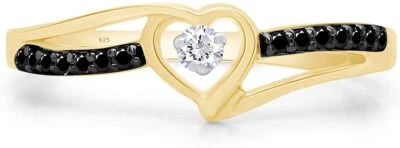 0.10 Ct  Diamond Black & White Heart Promise Ring 14k Yellow Gold Plated 925 - Image 1 of 4