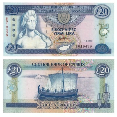 CYPRUS 20 Pounds 1992 P-56a RARE FIRST ISSUE WITH ERROR UNC UNCIRCULATED - Image 1 of 3