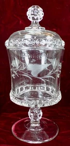 Ripley Dakota Sugar Bowl & Lid Baby Thumbprint Fern & Berry Etch 1885 Antique - Picture 1 of 12