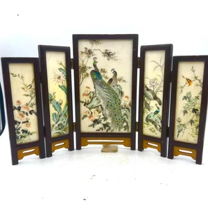 Vintage chinesischer handbemalter Tisch Klappschirm Pfau Vögel 5 Platten - Bild 1 von 11