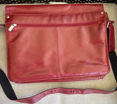 WILSON LEATHER Red Leather Pouch CROSSBODY Messenger Bag Lined Zip Close 15”x10” - Image 1 of 4