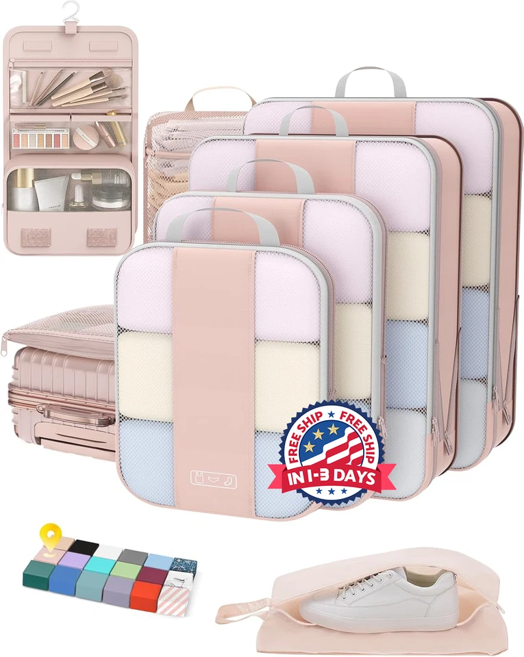 Juego de 8 cubos de compresión para artículos esenciales de viaje, color beige Foto 1 de 4