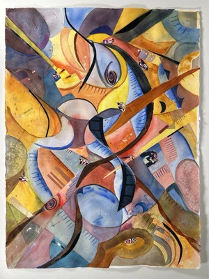 Pintura collage acuarela abstracta grande 40x32 arte moderno de mediados de siglo Foto 1 de 4