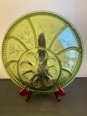 Indiana Vidrio Guijarro Hoja Patrón Verde Aguacate 12 3/4” Devild Egg Relish Plat Foto 1 de 4