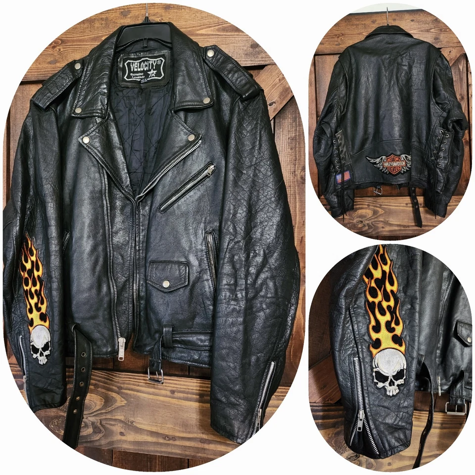 Chaqueta de Motocicleta Clásica de Cuero Harley Davidson Velocity RARA De Colección Talla 50 Foto 1 de 4