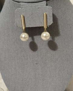 Bar & Imitation Pearl Drop Dangle Earrings Gold tone Pierced - Picture 1 of 9