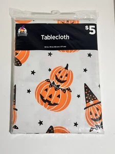 Happy Halloween Tablecloth 52x70 inch White Pumpkin Polyethylene w/ Flannel Back - Picture 1 of 4