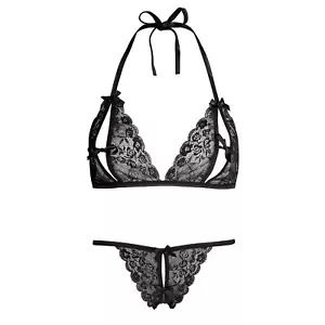 Lovehoney Sexy Bra Set Lingerie - Crotchless GString Set Peek-A-Boo - Size 8-16 - Picture 1 of 8
