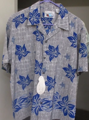 HAWAIIAN SHIRT NEW NWT Men's Medium ROYAL BLUE FLORAL on GREY TIKI PRINT - Image 1 of 4