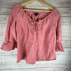 Lane Bryant Linen Blend Peasant Top Tunic Sz 14/16 Pink Lace Up Tie Neck Boho - Picture 1 of 6