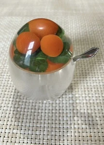Vintage 1960er Plexiglas Klar Marmelade Marmelade Einkochtopf Glas mit Orangen im Deckel & Löffel - Bild 1 von 4