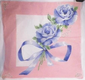 Hankie Blue Roses Bow Pink Border Linen 15in Vintage Retro 1950s Handkerchief - Picture 1 of 6