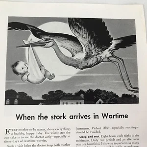 1943 Metropolitan Life Insurance Print Ad Advertising Art Stork At Wartime Baby - Picture 1 of 3
