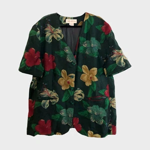 Jones New York 90s Vintage Plus Size Dark Green Floral 100% Linen Blazer size 20 - Picture 1 of 8