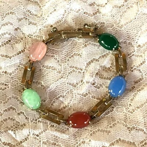 Vintage Polished Stone Bracelet Silver Tone Multi Color Green, pink, blue 8" - Foto 1 di 5