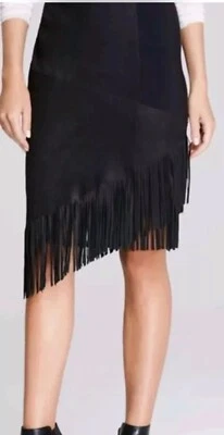 Falda lápiz negra con flecos corte láser cuero cordero Elie Tahari para mujer talla 6 cremallera Foto 1 de 4