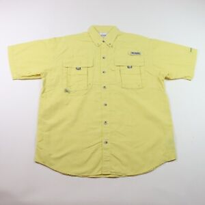 Columbia Omni Shade PFG Button Down Fishing Shirt Mens Small Yellow Short Sleeve