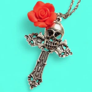 SILVER GOTHIC CROSS ROSE SKULL PENDANT NECKLACE Day of the dead red gothic M5 - Picture 1 of 4