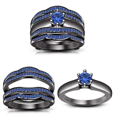 Juego de anillos de compromiso nupciales de zafiro creados en laboratorio redondos de 2 quilates de oro negro de 14 quilates Foto 1 de 2