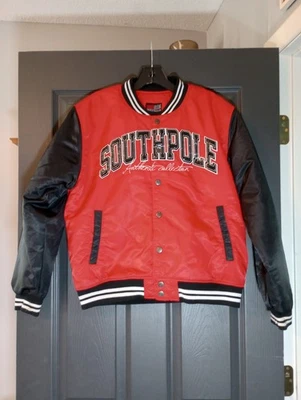 Y2K South Pole 正品系列红色 Puffer 夹克条纹领纽扣 L — 第 1/4 张图片